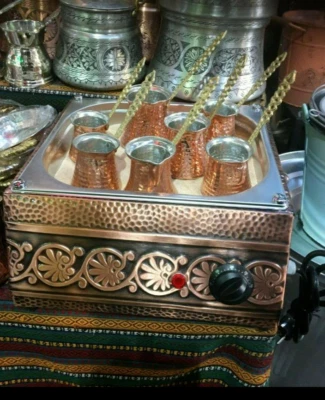 Cafetera Turca Árabe Cobre Arena Calentador Cafetera CON 3 CAFETERAS Foto 1 de 2