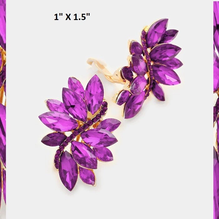 Pendientes de clip de cristal de cóctel hojas largas racimo boda novia graduación tachuela Foto 1 de 1