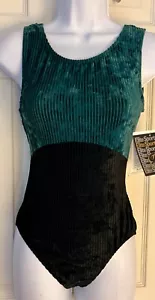 GK ADULT X-LARGE GREEN & BLACK RIBBED VELVET GYMNASTIC DANCE TANK LEOTARD SZ XL - Picture 1 of 7