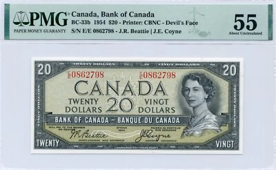 1954 $20 DEVIL'S FACE Bank of Canada Scarce E/E Prefix, About UNC, PMG AU55 - Image 1 of 2