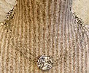 Vintage Multi Strang Illusion Draht Halskette mit Strass Anhänger 19" Silber - Bild 1 von 3