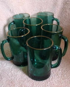 Juego de 6 tazas de cristal verde esmeralda vintage años 70 con borde dorado - Imagen 1 de 7