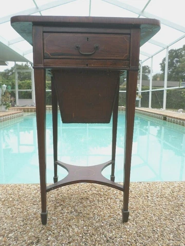 19 Century Antique English Wood Sewing Table Stand Inlaid Incense Burner Basket Cover