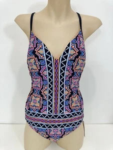 Seafolly Sun Temple Swimsuit Women 14 Blue Geometric Removable Pad Lined NEW - Picture 1 of 11