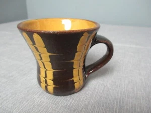 Redware Studio Pottery Cup w/ Handle - Slip Decorations Brown & Gold - 3" t 195 - Picture 1 of 7