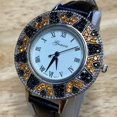 Unused Genoa Quartz Watch Women Ornate Silver Faux Gemstone Leather New Battery - Image 1 of 4