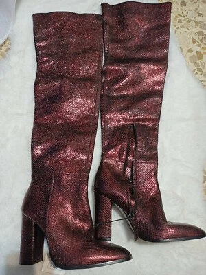 BOTAS DE CUERO ZARA METÁLICAS CON ESTAMPADO ANIMAL SOBRE LA RODILLA UK 3 EU 36 BORGOÑA Foto 1 de 4