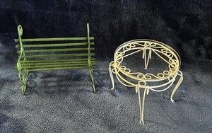 Vintage Miniature Dollhouse Metal Bench and White Metal Table with Plastic Top - Picture 1 of 5