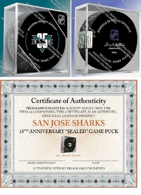 2025 SAN JOSE SHARKS 35 ANIVERSARIO JUEGO DISCO CUBO NHL HOCKEY CERTIFICADO DE AUTENTICIDAD SELLADO Foto 1 de 4