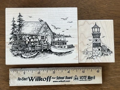 Lote de 2 sellos de goma montados en madera faro náutico de Maine gaviota langosta PSX Foto 1 de 4