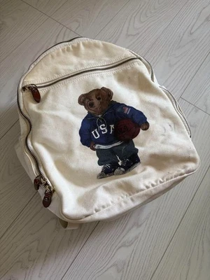 Ralph Lauren Polo Bear White Cotton Canvas Backpack – 90s Vintage Small 9x11" - Image 1 of 4
