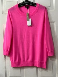 NWT J.Crew Sz L Womens Merino Wool Sweater Pullover Neon Pink 3/4 Sleeve - Picture 1 of 11