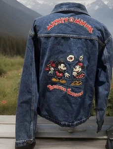 Disney Mickey & Minnie Together Forever Denim Jean Jacket Size XL Love Boho - Picture 1 of 14