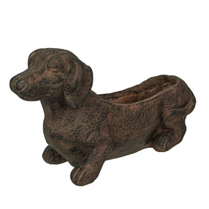 Resin Distressed Rustic Brown Finish Dachshund Dog Indoor Outdoor Planter Pot - Picture 1 of 7