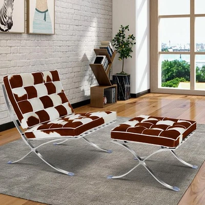 Cojín de cuero de piel de crin de caballo Mid-century con otomana blanco marrón Foto 1 de 4