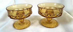 Set 2 portacandele vintage Indiana Glass Kings corona ambra impronta pollice autunno - Foto 1 di 6