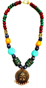 Handmade Tribal Tibetan Wood Beads Necklace Banjara Brass Pendant Resin - Picture 1 of 5