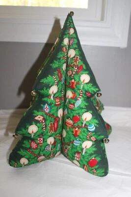 VINTAGE 1970'S FABRIC STUFFED GREEN MULTICOLOR ORNAMENTS BELLS CHRISTMAS TREE - Image 1 of 2