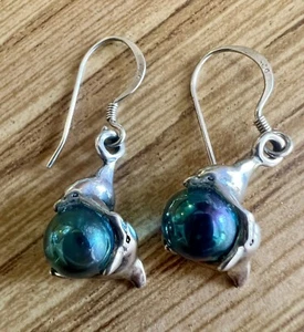 Doppelte Delfine blaue Kristallkugel Sterlingsilber Vintage 1994 Ohrhänger - Bild 1 von 12