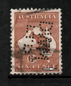 USED PERFIN 6d BROWN " KANGAROO AND MAP - WMK CROWN OVER A " AUSTRALIA 1913 - Picture 1 of 4