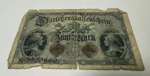 1914 German Deutschland 5 MARK Bank Note - CONSECUTIVE SERIAL NUMBERS - Picture 1 of 2
