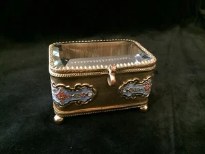 Gilt Dore Bronze Jewelry Box with Beveled Glass Top and Enamel on Side Panels - Picture 1 of 11