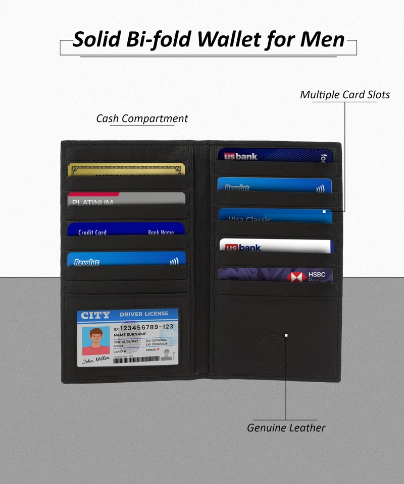 Long Black Genuine Leather Bifold ID Credit Card Money Holder Wallet Organizer.