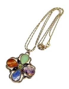 MONET Floral Pendant Necklace Multicolor Glass Faux Stone Amulet Double Chain - Picture 1 of 8