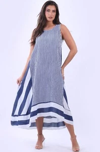 Maxi Vestido Para Mujer AQRL Lino Lagenlook OS Azul Rayas Hi Lo - Imagen 1 de 7