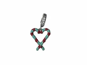 Sterling Silver Enamel Christmas Candy Cane Heart Dangle Charm Cubic Zirconia - Picture 1 of 6