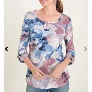 CHICO'S Floral Utility 3/4 Sleeve Women's Blouse Top T-Shirt SZ 1 or M - Picture 1 of 7