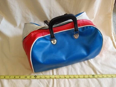 Vintage High School Gym Bag 1970s Faux Leather Zip Tote. red, white & blue. - Image 1 of 4