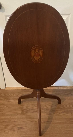 Vintage Federal Walnut Oval Tilt Top Table with Eagle Inlay and Pedestal Base Cover
