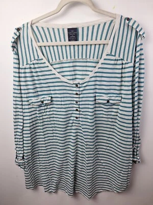 Faded Glory Henley Top Women's  Size 4X  Blue White Striped  Casual Long Sleeve - Image 1 of 4