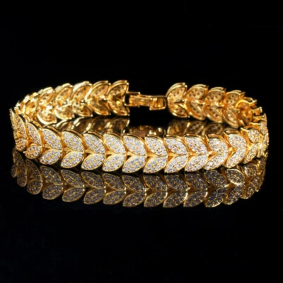 Brazalete de boda de tenis de hoja de circonita cúbica chapada en oro de lujo para mujeres novias Foto 1 de 4