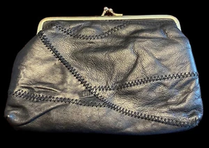 Damen Vintage schwarz Echtleder Kiss Lock Geldbörse Clutch - Bild 1 von 11