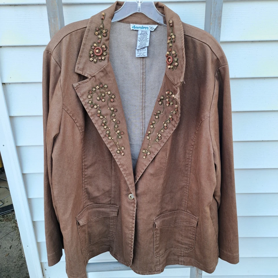 Y2K Vintage 3X Denim 24/7 Wood Beaded Blazer Brown Jacket Coat Women’s 24W - Image 1 of 4