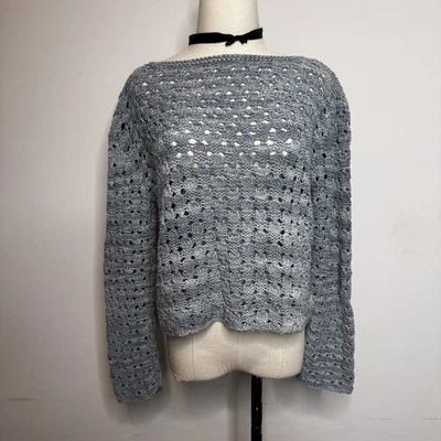 Vintage 90s Iconic Blue Crochet Sweater Boxy Boat Neck Soft Girl  Grunge M - Image 1 of 4