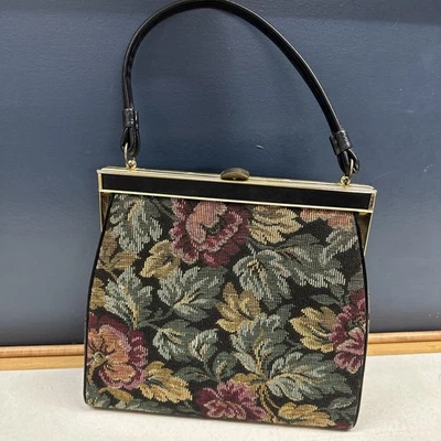 Bolsa de mão vintage Verdi floral tapeçaria com moldura acabamento preto - Imagem 1 de 4