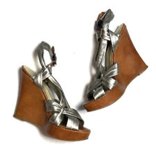 Cynthia Vincent Wedges 7.5 Metallic Strappy Heels Silver Wood Heels Womens Shoes
