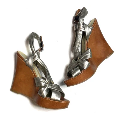 Cynthia Vincent Wedges 7.5 Metallic Strappy Heels Silver Wood Heels Womens Shoes - Image 1 of 4