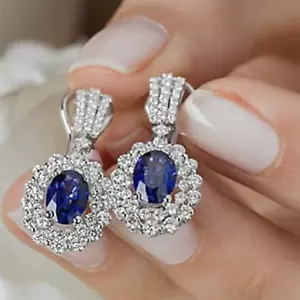 Pendientes de plata 925 con halo de piedra azul creado en laboratorio ovalado... - Imagen 1 de 4