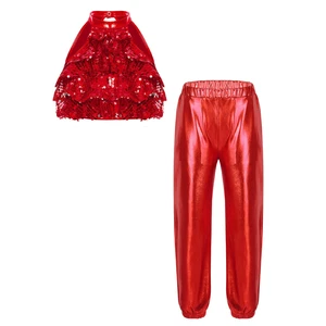 Kids Girls Vest And Trousers Metallic Outfits Ballroom Tracksuit Athletic Team - Picture 1 of 41