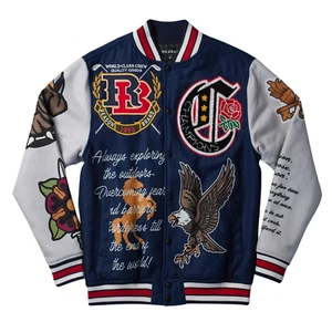 Reason Varsity Jacket Men’s Navy Blue Poly Wool Patches Letterman - Picture 1 of 5