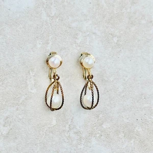 Vintage Winard 12K Gold-Filled Pearl Dangle Clip-On Earrings – Cage Drop Design - Picture 1 of 5