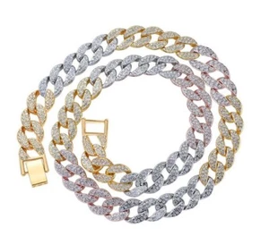 Miami Kubanisches Glied Kette Halskette 15 mm Herren Damen Größe 30 Zoll Tricolor - Bild 1 von 1