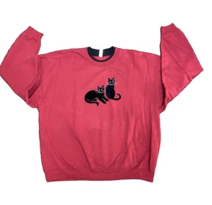 Vintage Halloween Sweater Red 2 Black Cats Embroidery Rhinestone Size 2X - Picture 1 of 11