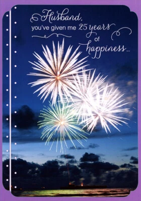 DESIGNER GREETINGS Fireworks in Dark Blue Sky with Purple Border 25th Anniversary Card for Husband