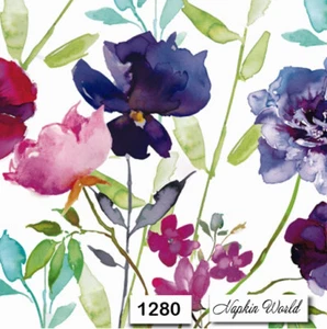 (1280) TWO Individual Paper Luncheon Decoupage Napkins - FLOWERS WATERCOLOR - Picture 1 of 1