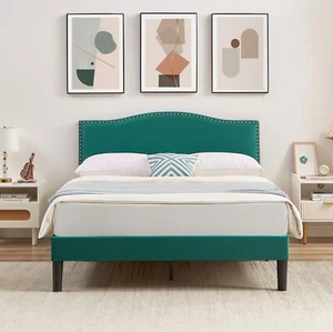Bed Frame w/ Adjustable Fabric Headboard Twin/Full/Queen Size Wood Slat Support - Picture 1 of 60